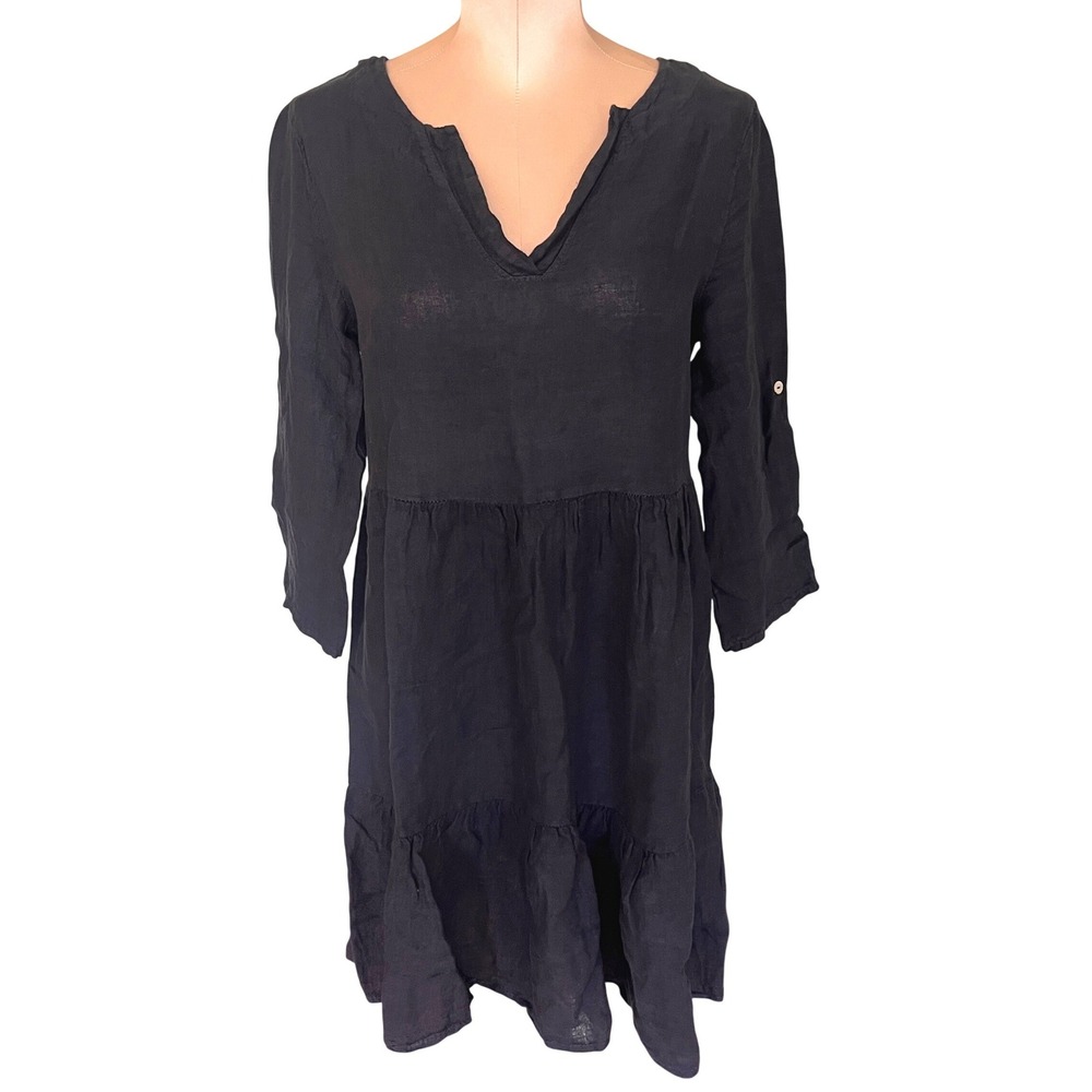 Francesca Bettini Navy Linen Tiered V-Neck Dress Made in Italy Small Mosdest EUC